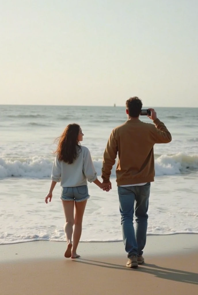 image seen behind an 18-year-old girl walking along the beach while holding the hand of a man who is taking a picture of her from behind, The man does not appear in the image , The camera's view is the same as that of the man