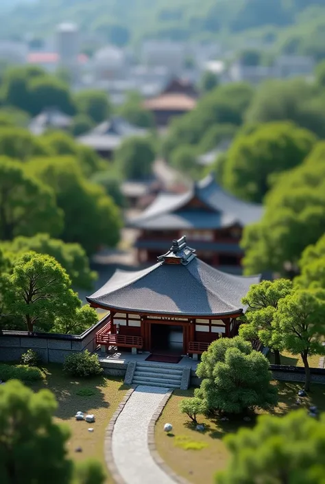 Miniature photography, Kyoto, Japan、wide shot, Bokeh, from above, town、Sakamoto Ryoma's tomb、