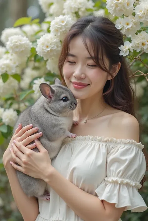 with a round face and a chubby body in her 40s、Surrounded by white flowers、they hold chinchillas with pugs and violet mice and attract them to their faces。Chinchillas have big ears and small hands、A semi-long woman with a white stomach、staring at a woman。T...