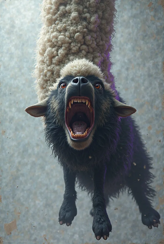 a poster with a sheep hanging upside down with its mouth tight, a black wolf coming out of its mouth in a voracious and violent way, open plan, 32k, 100mm, 320 color palette, weak purple lighting with white marble.