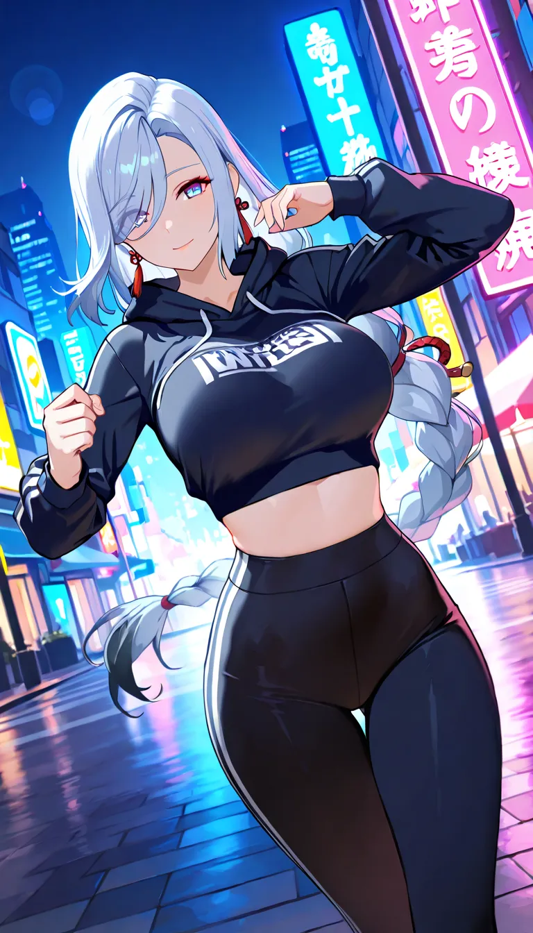 sporty athleisure look,leggings,cropped hoodie,woman,athletic,fit,running pose,dynamic movement,sporty expression,mid-action,4K,ultra-detailed ,professional studio,dramatic lighting,vivid colors,cinematic,sports-themed background,urban cityscape,neon signs...