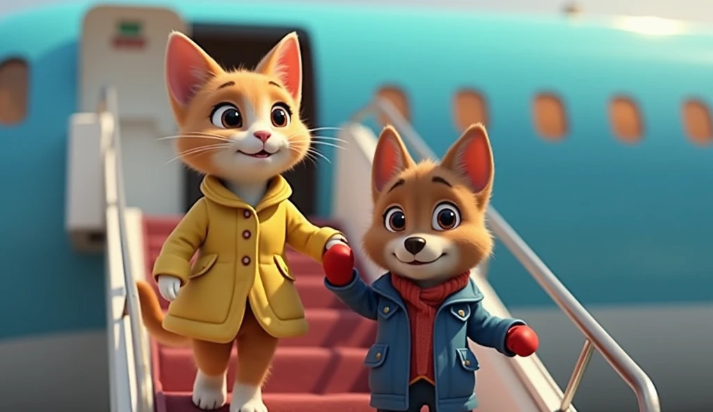 "An animated scene of a cute cat and a friendly dog walking up the stairs to board an airplane. The cat is elegantly dressed in a yellow outfit, while the dog wears a stylish blue jacket with red gloves. They are holding paws and looking toward the entranc...