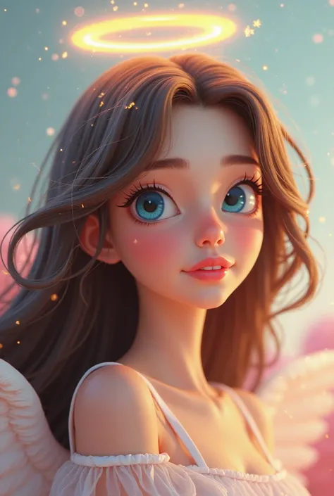 Woman brunette blue eyes long black hair in angel areola head cute cartoon 3D