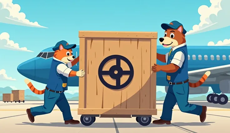 "An animated scene of two airport workers, a cat and a dog, dressed in blue uniforms, carefully handling a large wooden crate with a mysterious black symbol on it. The cat, wearing a cap and badge, is lifting one side of the crate, while the dog, a bigger ...