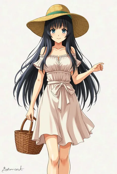 anime girl with long black hair wearing a hat and holding a basket, an anime drawing by Kentaro Miura, pixiv, shin hanga, beautiful anime woman, seductive anime girl, with straw hat, beautiful anime girl, attractive anime girl, (anime girl), beautiful allu...