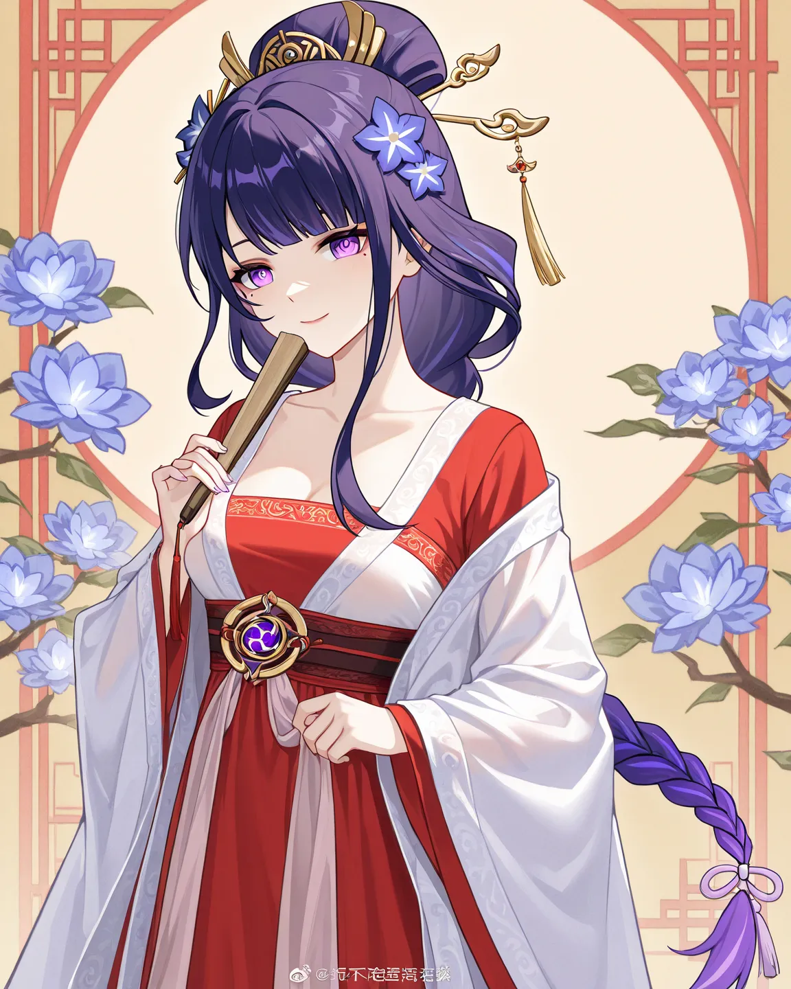 Genshin impact, Shogun Raiden , Hanfu, China, Chinese clothing, Hanfu Jian Yanli , traditional dress, feminine, smile on face, The concubine, Weddings hanfu, red wedding hanfu, 1girl , sexy , The appearance of Raiden Shogun from the Genshin Impact game is ...