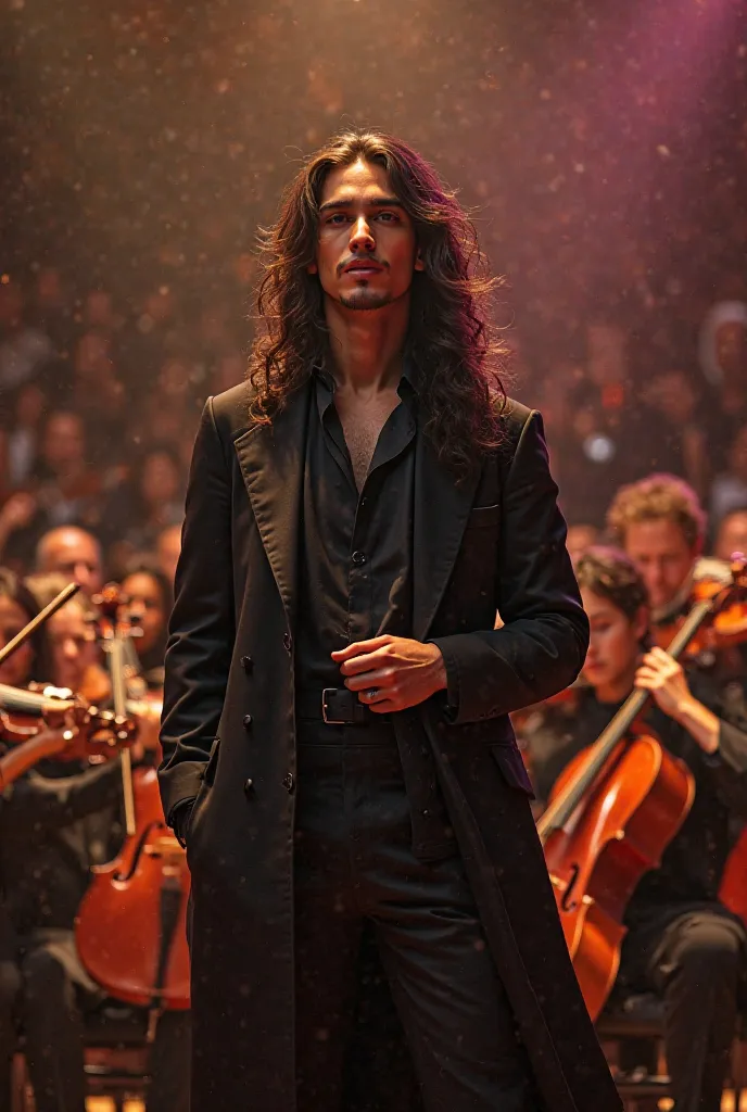 A young male singer and composer of Iranian-Turkish descent, with long hair and a somewhat feminine face, performing on stage with a large orchestra, dressed in very luxurious attire.

