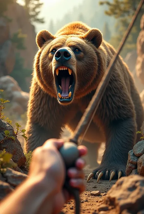 David facing the bear
"First-person perspective of David holding a sling and facing a ferocious bear that threatens his sheep. The animal is roaring,  with her mouth open ,  ready to attack . The scene takes place on a rocky terrain with some scattered tre...