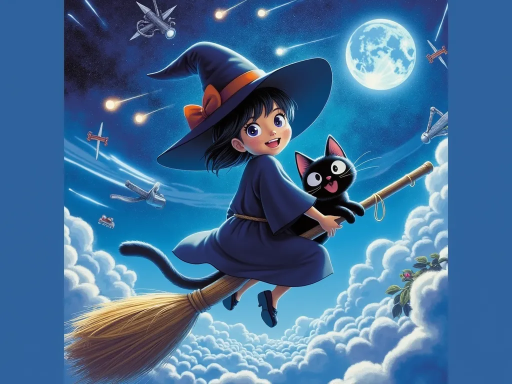 This is the same image、the witch is facing us and waving、The black cat is waving here too、A small red radio hangs from a broom branch with a string