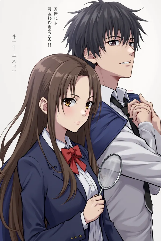 Make a close shot of half body of two highschool student for my synopsis in my book.

The first student is girl then the second is boy.
The girl has brown long brown hair, wearing uniform a navy-blue blazer and a red-bow tie. Her face was kinda pretty not ...