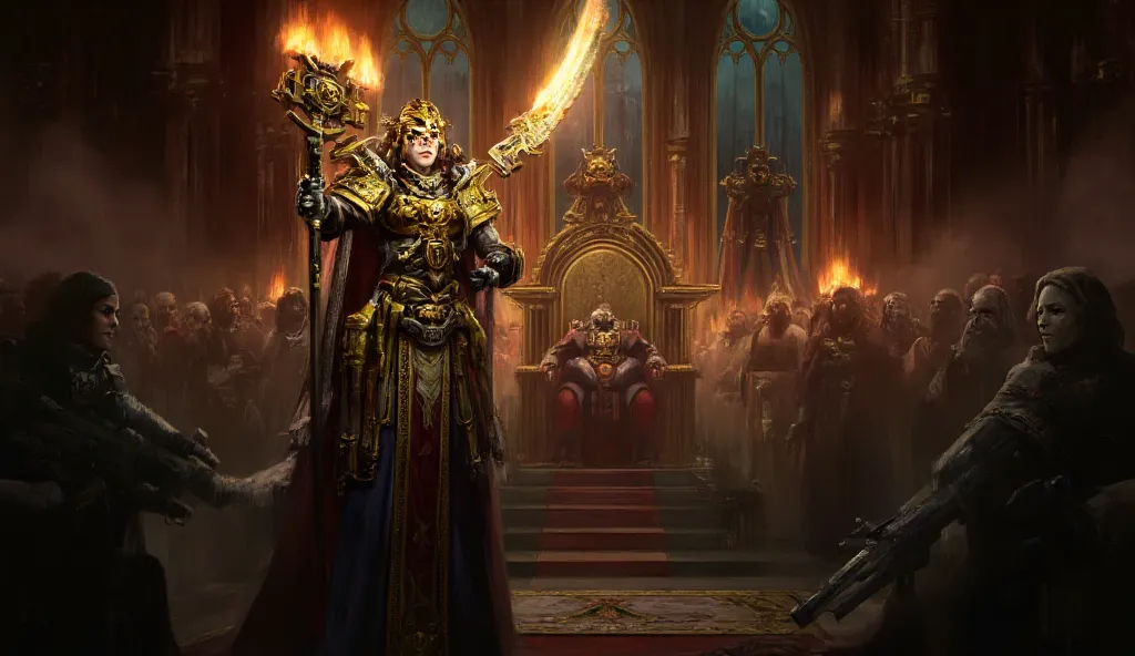 In the grimdark Warhammer 40k universe, the defining moment of justice as Alicia Dominica, the heroic leader of the Daughters of the Emperor, pronounces Goge Vandire a traitor. The scene is set in the grand, gothic throne room of the Imperial Palace on Ter...