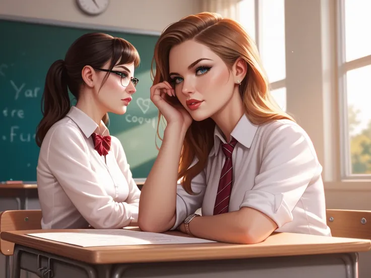 A sexy female teacher in a classroom asks a question to the ren in the class.