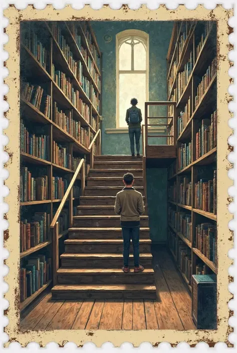 Make a vintage postage stamp with a vintage less colorful school library with a simple staircase