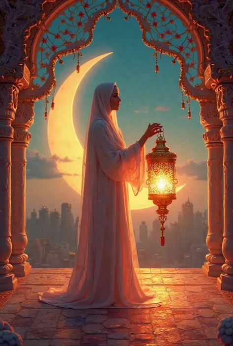 Create a background image to celebrate Ramadan with a crescent moon, Ramadan decoration ropes, a  holding a Ramadan lantern, and write the phrase “Ramadan Kareem, icel omar”