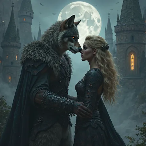 Warrior wolf man with a beautiful blonde warrior in love with a haunted castle background 