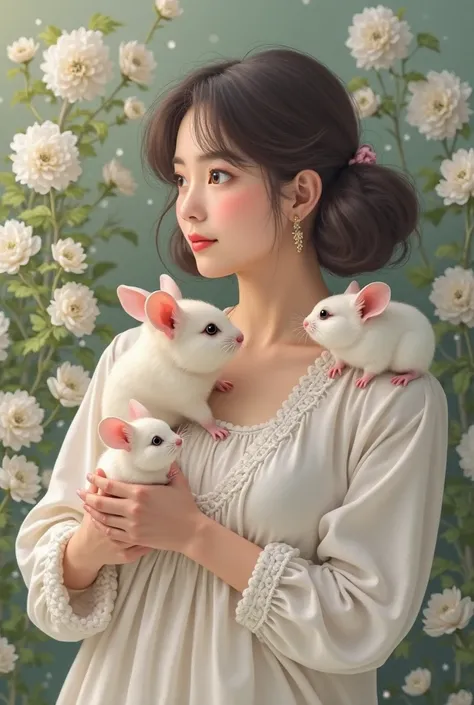 A round, chubby, semi-long woman in her 40s、Surrounded by white flowers、holding two chinchillas, a pug and a violet mouse, and pulling them to her face。Chinchillas have big ears and small hands、A semi-long woman with a white stomach、staring at a woman。Ther...