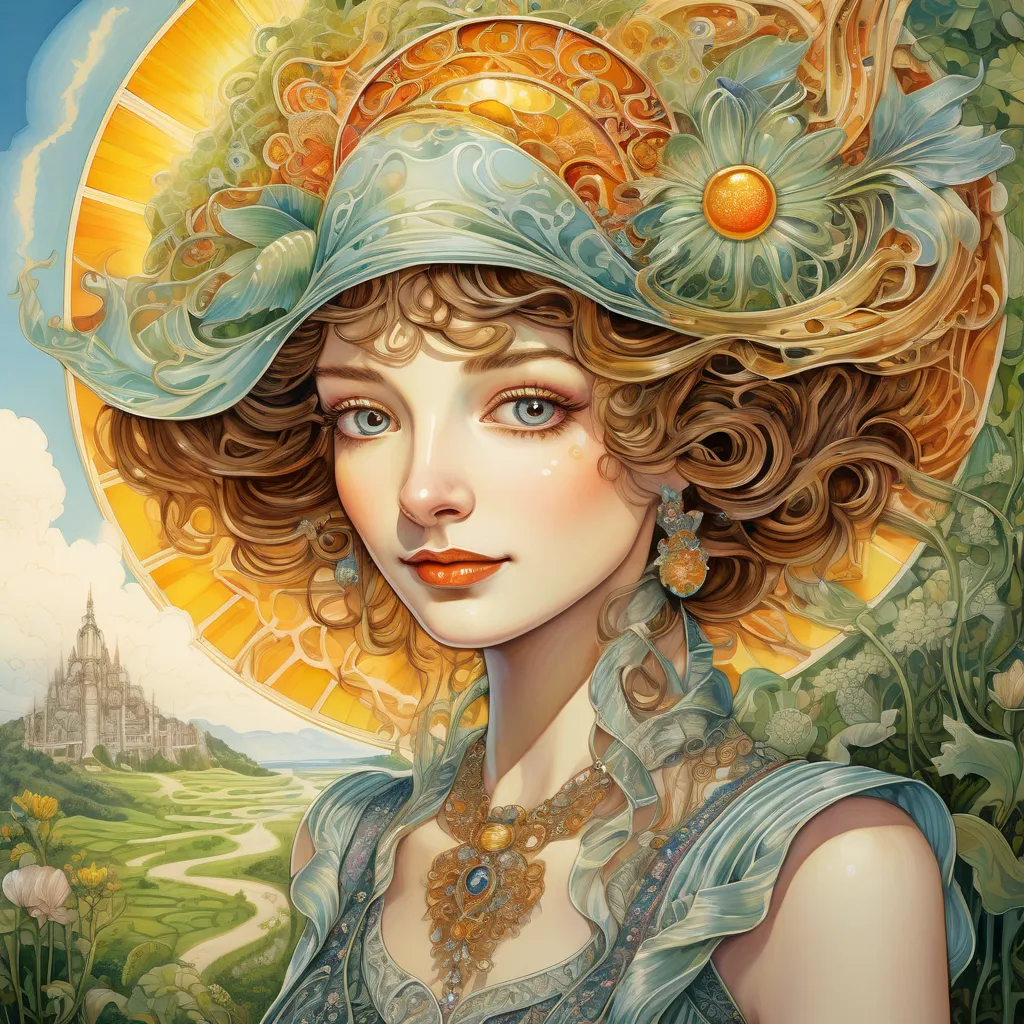 detailed Surreal painting of a woman's face, DiTerlizziArtAI AND a detailed Surreal painting of a summer landscape, path, bright sunlight, AND a detailed Art Deco painting of a Victorian lady 