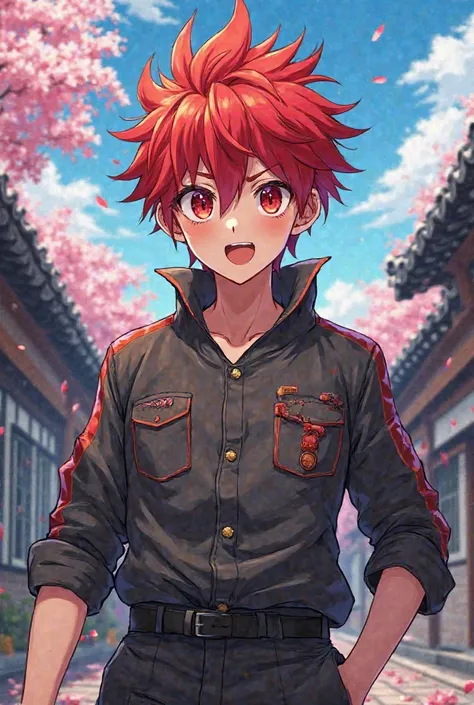 Anime boy Red hair red eyes school Full Body