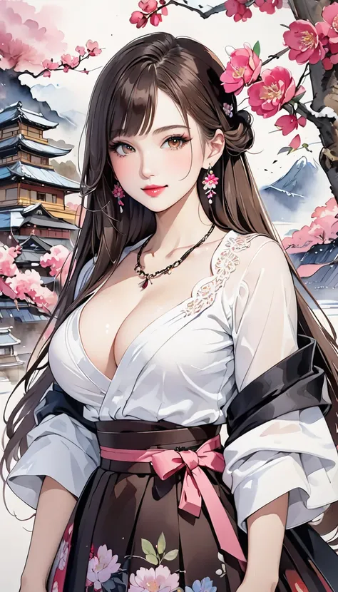 (masterpiece,  HD , HD, 8k,  Highest quality), Japanese painting,   A fusion of watercolor and oil painting ,  One Young and Beautiful Woman, Brown-black long hair ,  beautiful brown eyes, pink lips, perfect style, Perfect face ,  moderate breast size, ear...