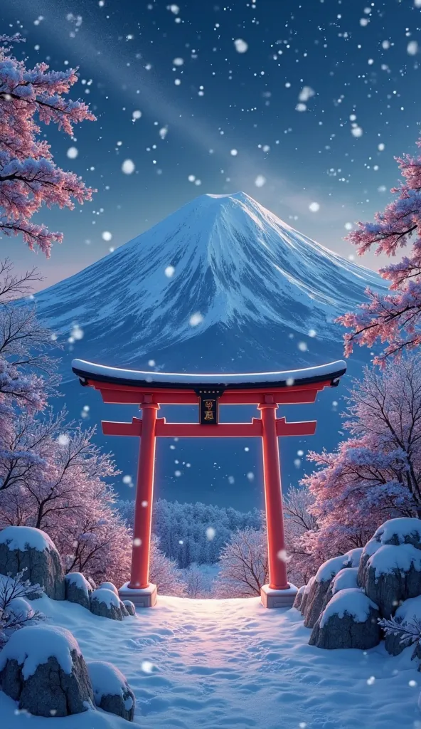 generate a beautiful portrait of Mount fuji, and at the front of it is torii gates, night time, anime like style , winter 