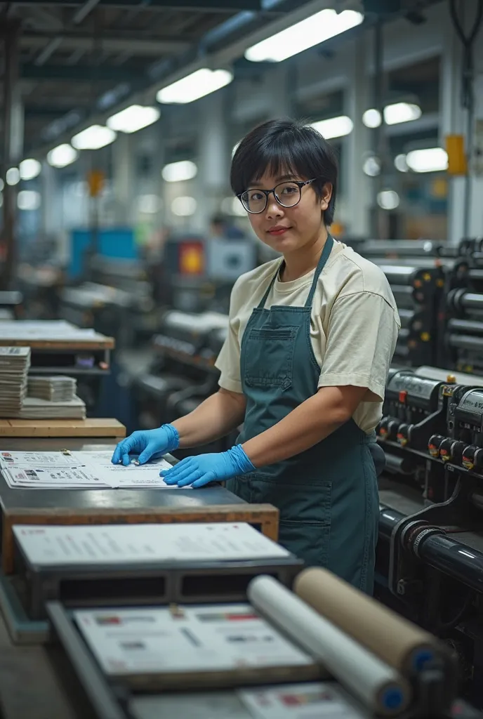 A person working in a printing press. They are wearing a protective apron, gloves, and safety glasses. The person is focused on operating a large printing machine in a busy print shop. The environment is filled with stacks of printed paper, ink rollers, an...