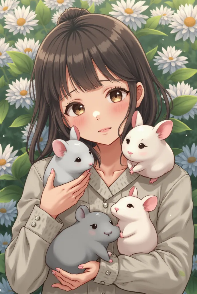 A round, chubby, semi-long woman in her 40s、Surrounded by white flowers、I'm holding two chinchillas, a pug dog and a、They are holding two chinchillas that are light gray mice and drawing them to their faces。Chinchillas have big ears and small hands、A semi-...