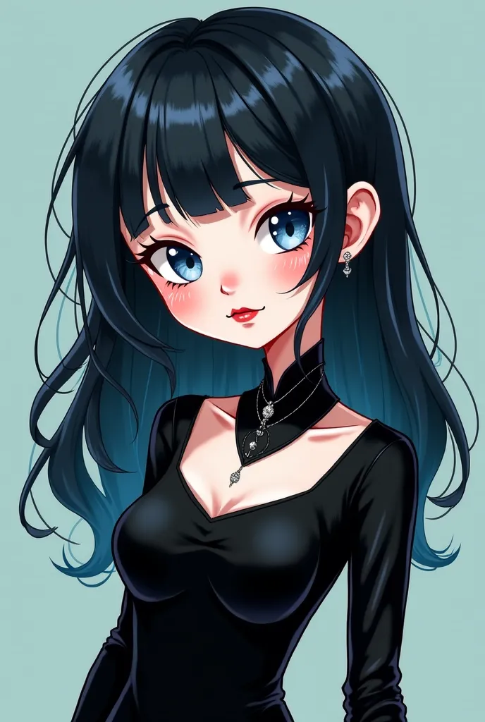 1girl, cute, young, goth girl, black hair, blue eyes, red lips, black clothing, toon style, slim body, nice body, nice chest, best quality masterpiece