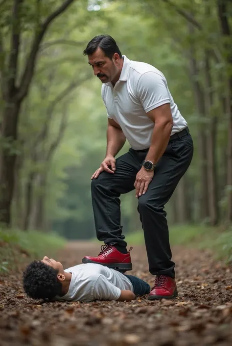 young male young handsom 7 feet hight north indain body builder with mustache  cop stands in wearing white polo T  shirtand  shirt 3 botton not put black formal tight pant , wearing police red formal 
 shoes that have high heals. He has his foot firmly pla...