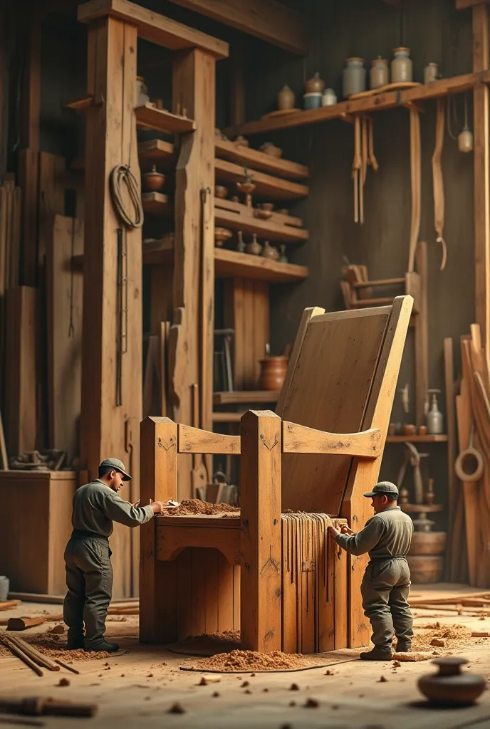 Carpenters in the image moving and working on chair 