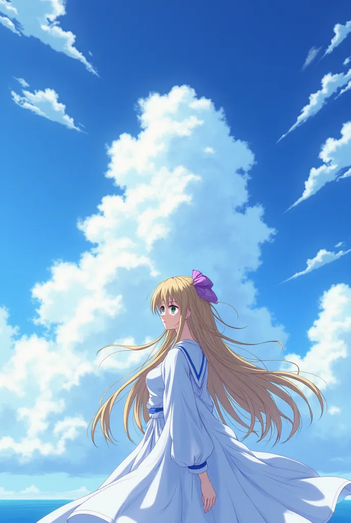 anime characters in a blue sky with clouds, from touhou, ethereal anime, flowing hair and long robes, flowing white robes, touhou character, touhou project official artwork, touhou project, zerochan art, anime keyframe, keyframe, keyframe illustration, flo...