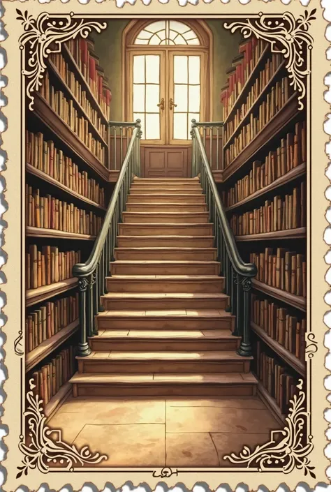 Make a vinatge postage stamp with a highschool library with a simple staircase outline