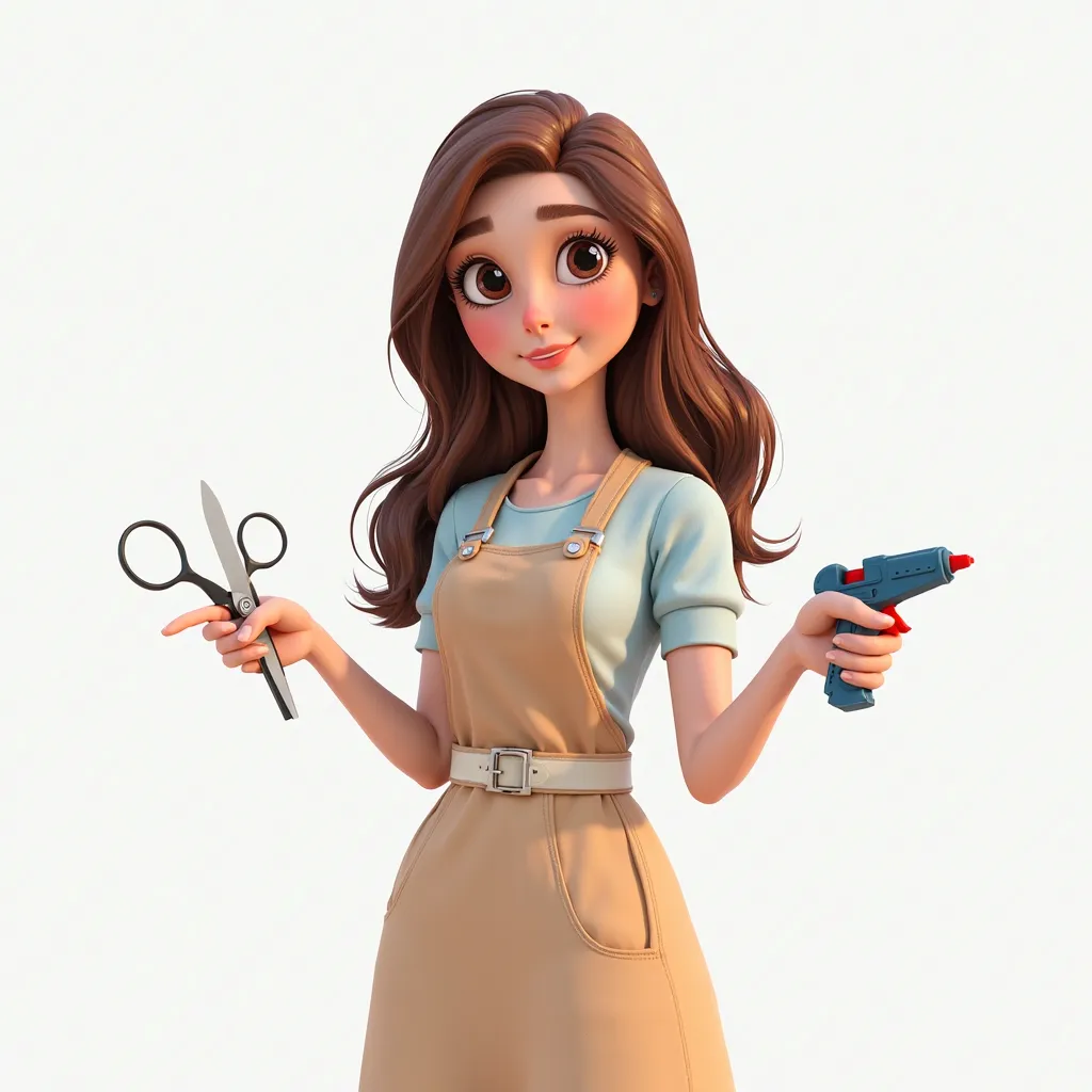 3D image depicting a beautiful and graceful female, medium brown hair wearing a custom stationery craftswoman costume, with scissors in hand and a hot glue gun, clear theme and a white background, with spotlights from above Smile,  light brown eyes ,  fair...