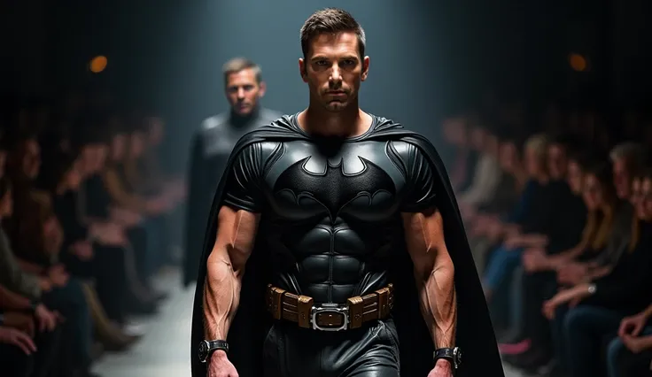 A man with a masculine face, wearing a black leather T-shirt with a Batman logo on the chest, in a fashion show