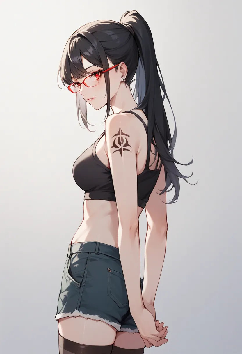 Side view.n anime-style character. The character is a young woman with pale skin and long black hair tied in a high ponytail. She wears red-framed glasses and has striking red eyes. Her outfit consists of a black off-shoulder top and high-waisted shorts, c...