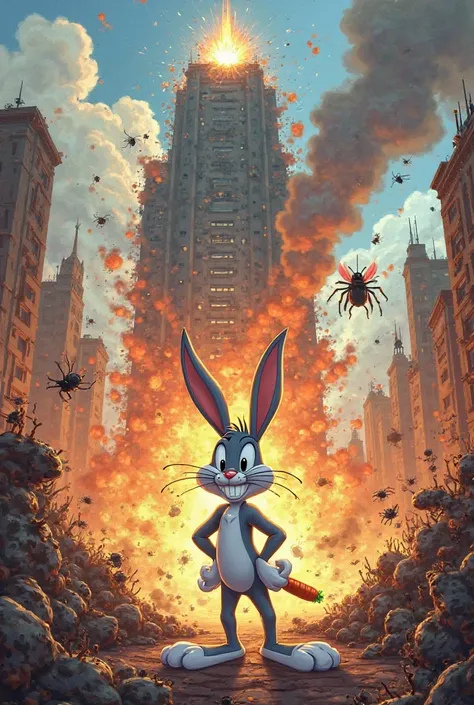 Building exploding with bugs bunny in front of it