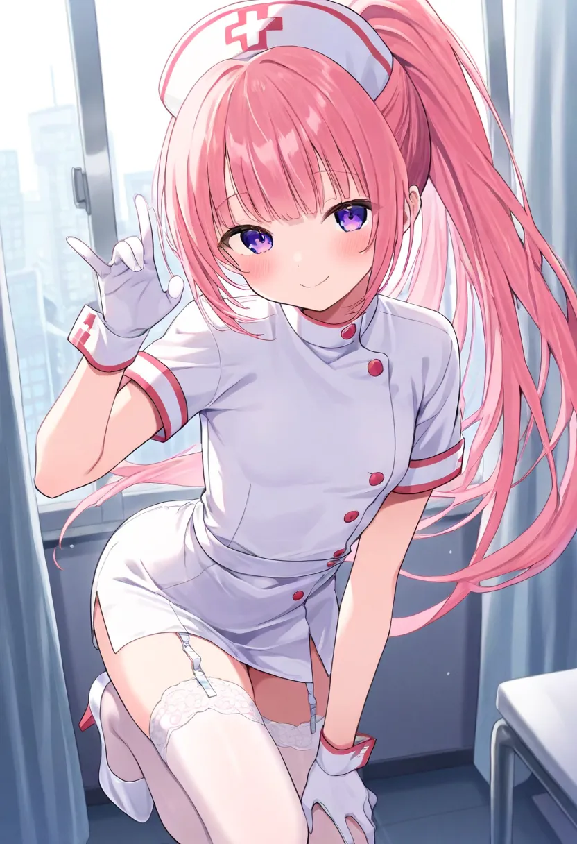 ((masterpiece、best quality))Hololive、woman、 small tits、is young、Petite、cute、 young、 idol、pink hair、bangs、ponytail hairstyle、 long hair, purple eyes 、Nurse costume、garter belt in the city of、 high heels、smile、hospital、 dress