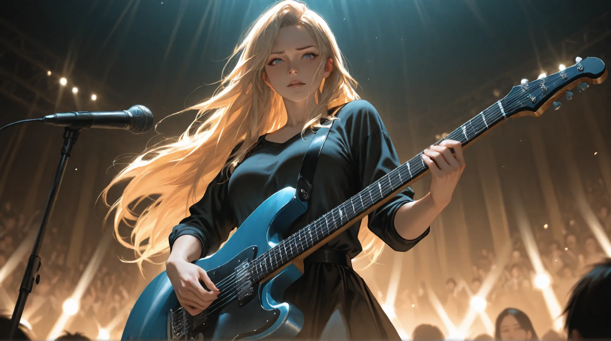 A  in a girls' metal rock band is playing an electric guitar　With a beat　 has big breasts　Conveying the feelings of love　 long hair 