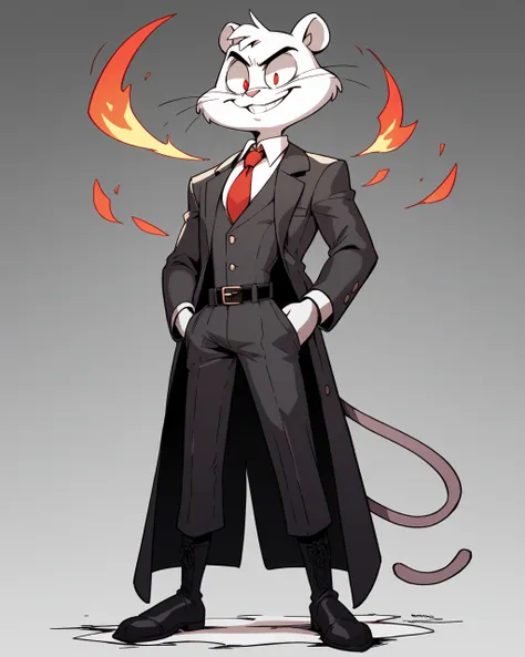 A medium shot of Ashe, a male tiger with gray and white fur. He has a cute and friendly expression, with large, bright eyes and a wide, welcoming smile. Ashe is wearing a super suit with a fire theme. The suit is red and black, with a flame emblem on the c...