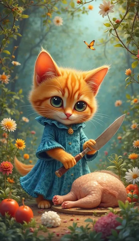 An orange tiny cat wearing blue colour frak with sparking eyes is cutting chicken the background is lush green trees and plants with colourfull flowers