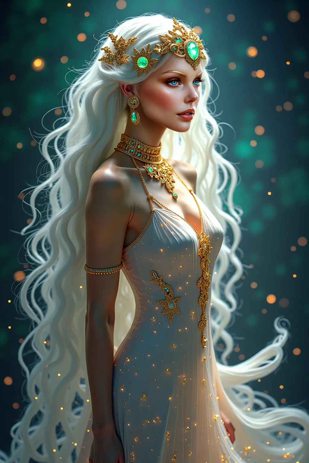 A celestial goddess of light standing in an ethereal cosmic realm, her presence radiating a divine, otherworldly glow. Her long, flowing silver-white hair shimmers like liquid moonlight, cascading over her shoulders in perfect waves. Her eyes glow with an ...