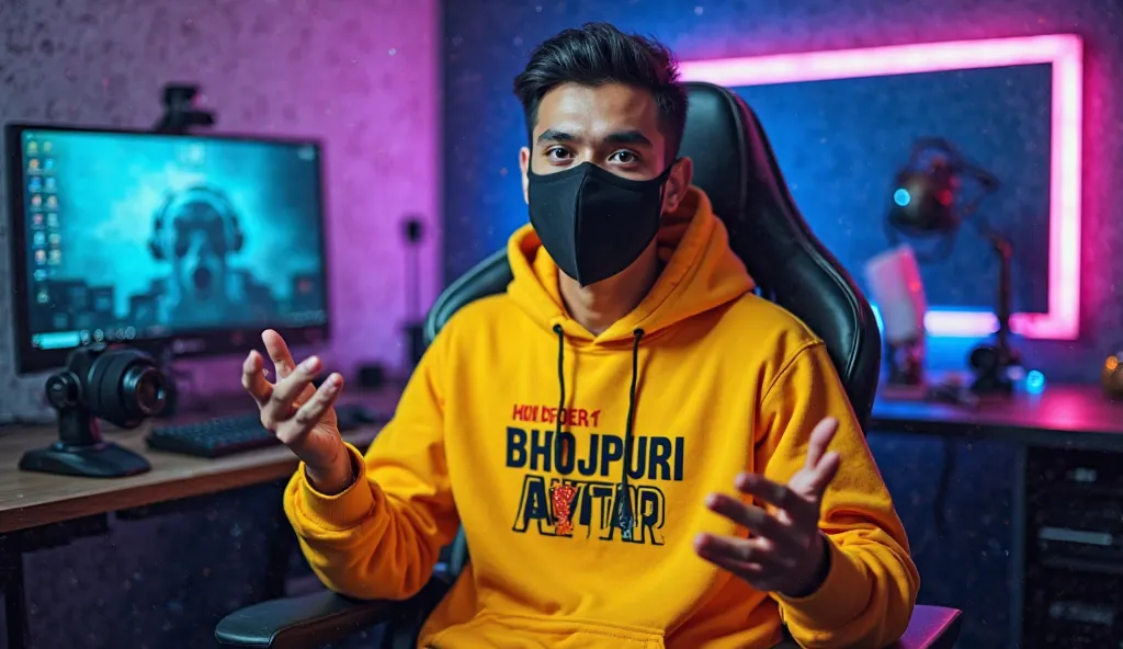 An Indian man sitting confidently on a
modern gaming chair in his YouTube studio. He is wearing a bright yellow hoodie with Bhojpuri Avtar boldly printed on it. His face is clearly visible and expressive despite wearing a sleek black covID-19 mask. The man...