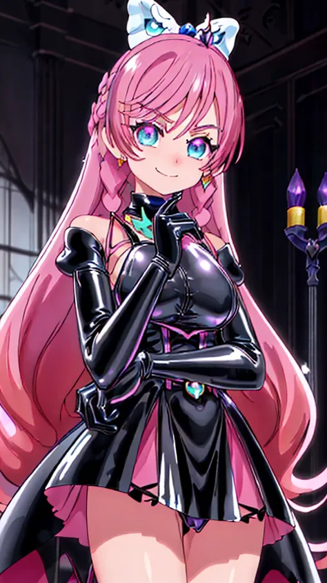 best quality, ultra detailed,1girl, solo, ((cure_prism_hirogaruskyprecure)), long hair, green eyes, pink hair, bow, bangs, black bow, 1girl, , gloves, holding, looking at viewer, black gloves, earrings, black skirt with frills, , black enamel boots, evil s...