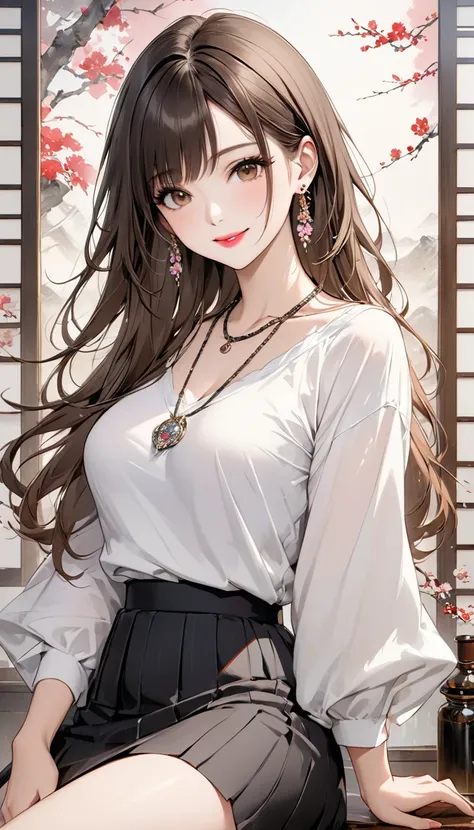 (masterpiece,  HD , HD, 8k,  Highest quality), Japanese painting,   A fusion of watercolor and oil painting ,  One Young and Beautiful Woman, Brown-black long hair ,  beautiful brown eyes, pink lips, perfect style, Perfect face ,  moderate breast size, ear...