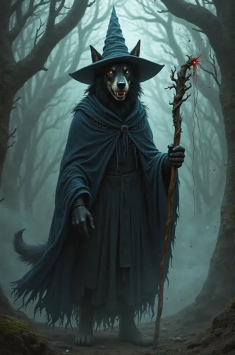 An evil dog dressed as a wizard