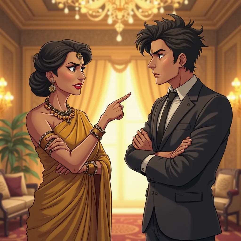 "An elegant but stern-looking mother in her mid-50s with sharp eyes and a proud expression points at her 35-year-old son, scolding him. She has her arms crossed and wears a luxurious golden saree (or dress) with jewelry, exuding authority. The son, a hands...