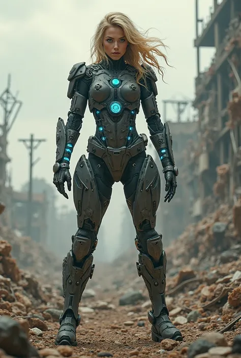 Beautiful blonde cyborg woman, angry and furious expresion face, standing in war land