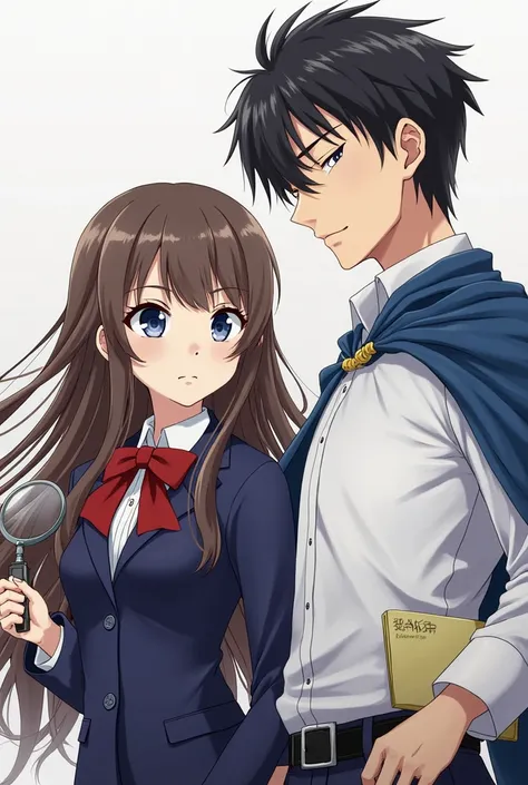 Make a close shot of half body of two highschool student for my synopsis in my book.

The first student is girl then the second is boy.
The girl has brown long brown hair, wearing uniform a navy-blue blazer and a red-bow tie. Her face was kinda pretty not ...