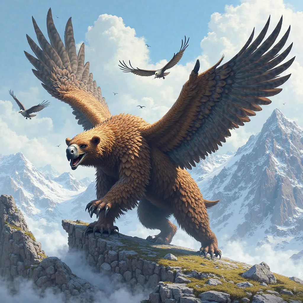 "Design a hybrid creature that combines the majesty of an eagle with the brute strength of a bear. The creature should have the powerful, muscular body of a bear, but with massive, outstretched eagle wings emerging from its back, covered in iridescent feat...