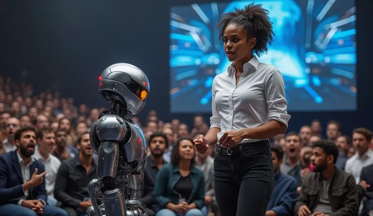 A realistic, high-resolution image of a young Black woman, around eighteen years old, standing on a high-tech conference stage, facing a high-stress moment. She has natural curly hair tied neatly back, and she wears a white button-up shirt and fitted black...