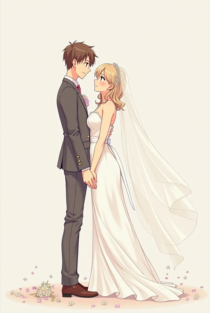 Wedding illustrations of real couple into anime style without background and flowers standing on ground 